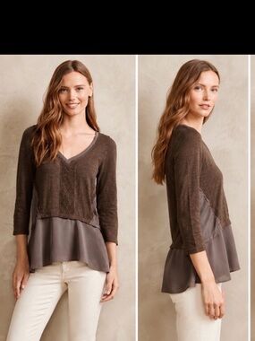 Anthropologie meadow rue Layered Lace Trim Top – Brown/Taupe
